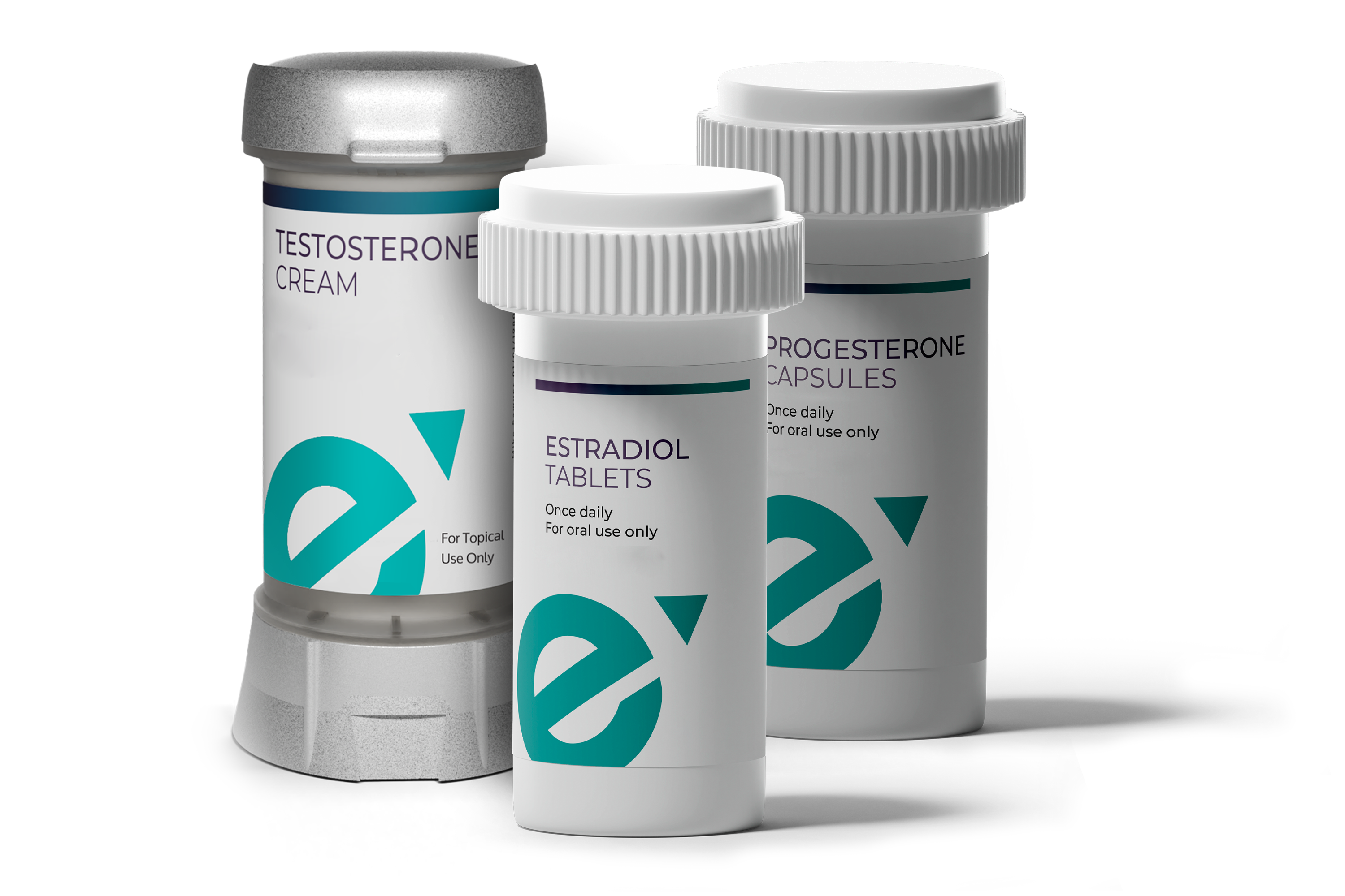 Fem Excel estradiol tablets, progesterone capsules and testosterone cream bottles